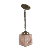 Suspension chandelier art deco lampshade square frosted glass pink star motifs