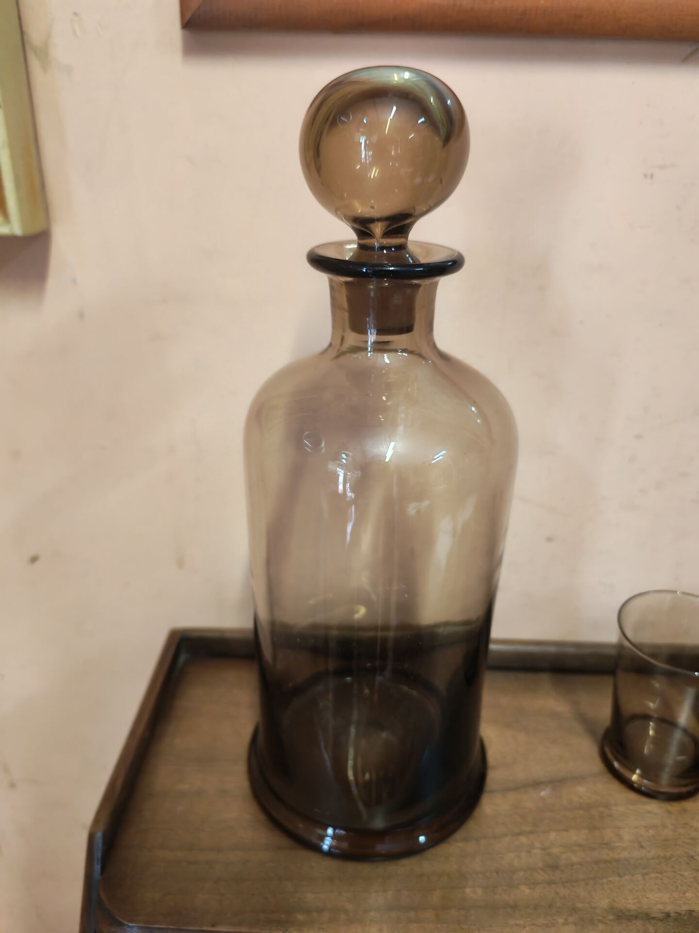 Table service set with a carafe, bottle, and 5 glass cups.