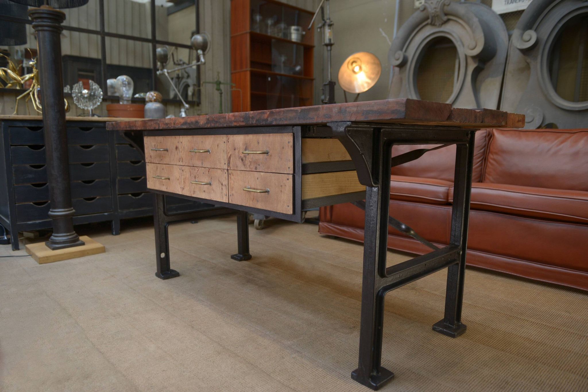 factory workbench in cast iron and wood 1930 with 9 drawers