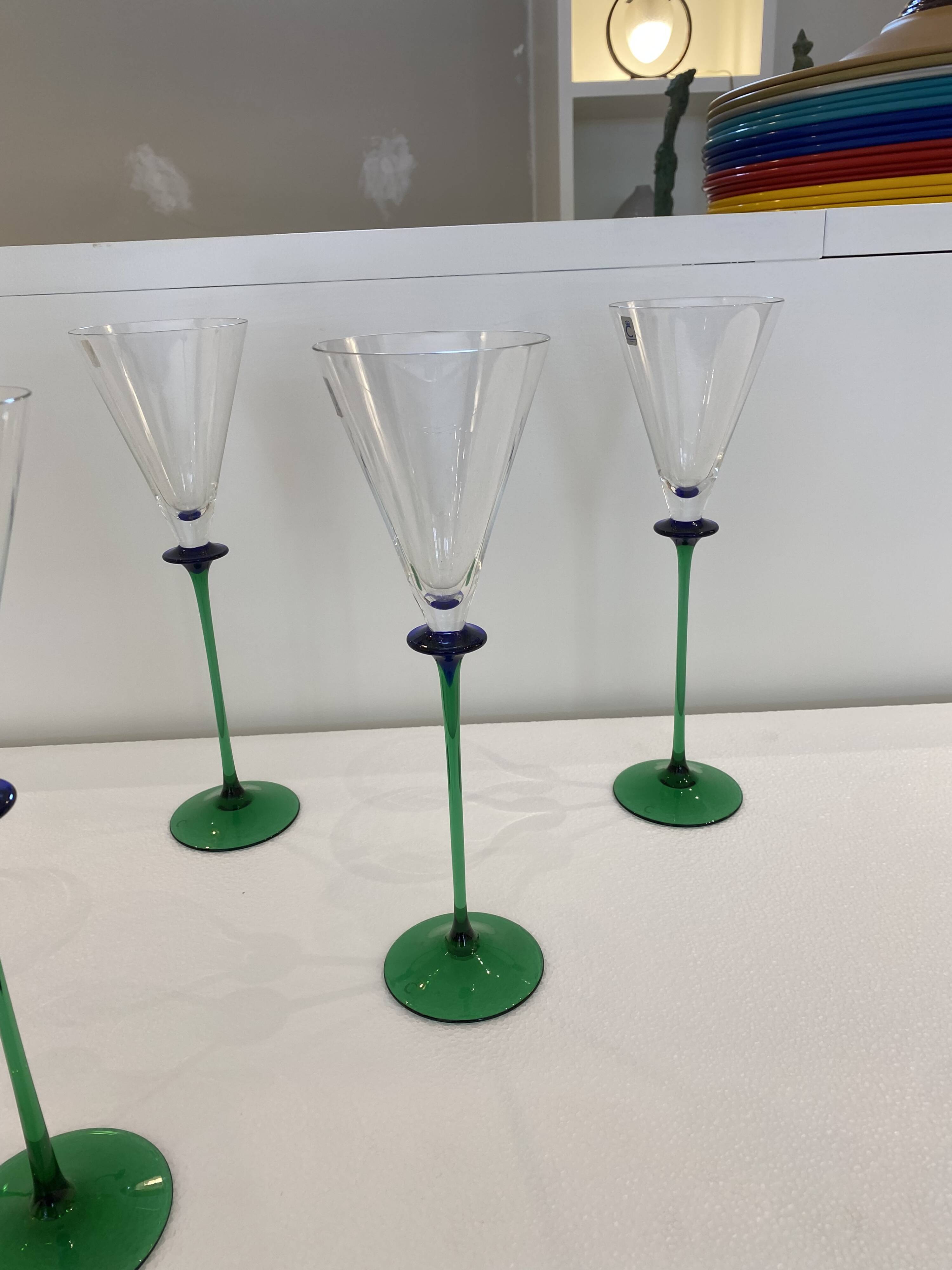 A Set of 6 Hand-blown Emerald Green Cobalt Blue Stem Champagne Flutes Art