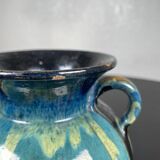 Vase boule à anse noir, marbré jaune bleu
