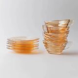 Vintage 1950s glass coffee cups, set of 5, iridescent peach ribbed glass with saucers, Italian design Gondolo.