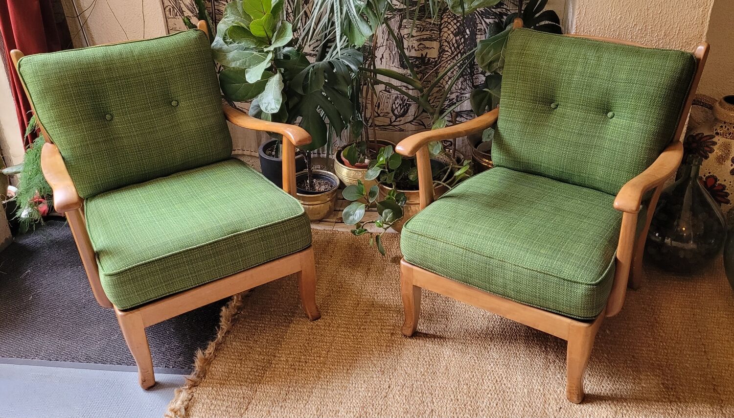 Pair of vintage armchair green fabrics