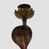 Pair of old bronze cobra candle holders with detailed engraving. Around 1950