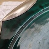 Round oriental hollow dish in deep green ceramic and silver colored metal