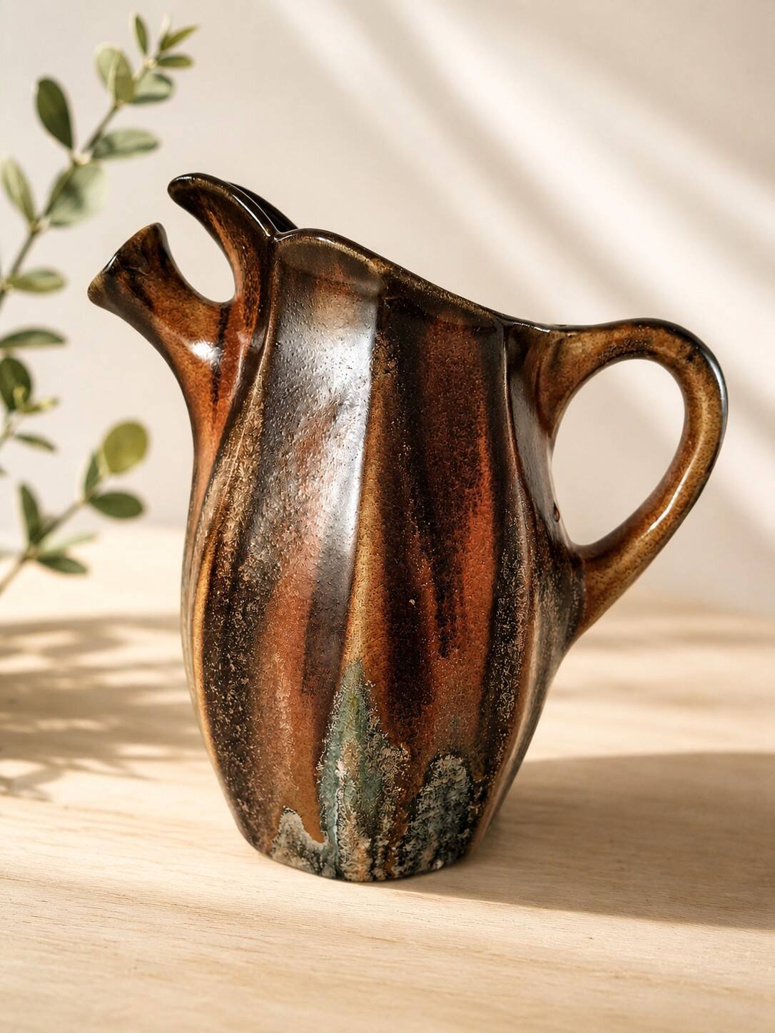 Vintage Belgian ceramic sculptural pitcher in chocolate brown.