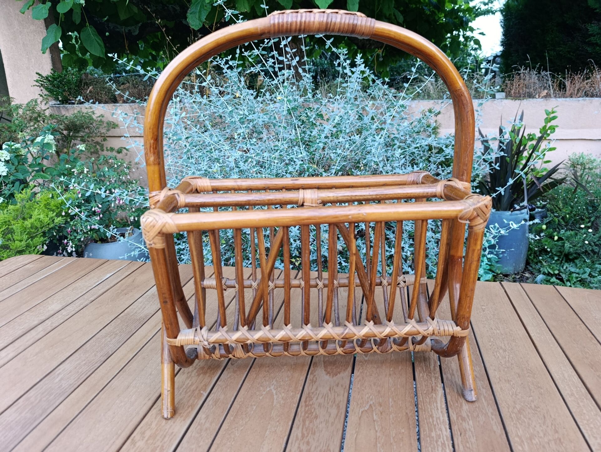 bamboo / rattan magazine rack, vintage, bohemian chic charm
