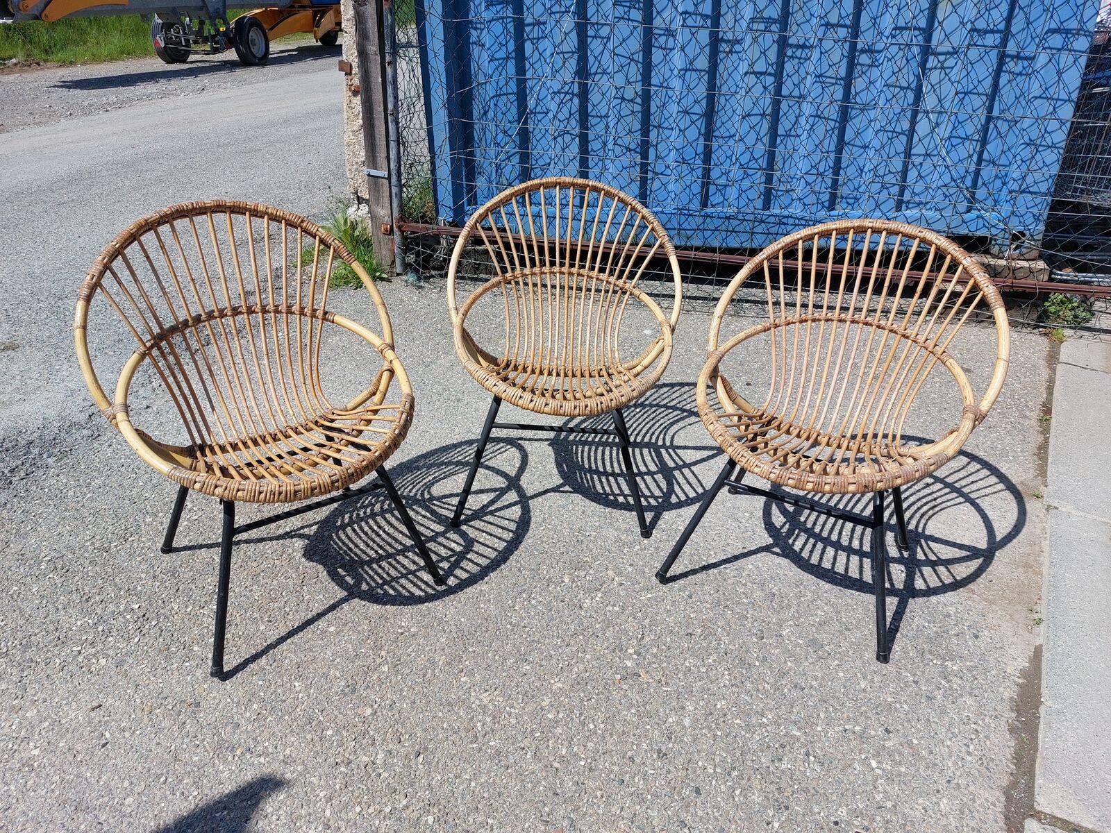 Lot de 3 fauteuils corbeille vintage en rotin Rohé Noordwolde - Années 60