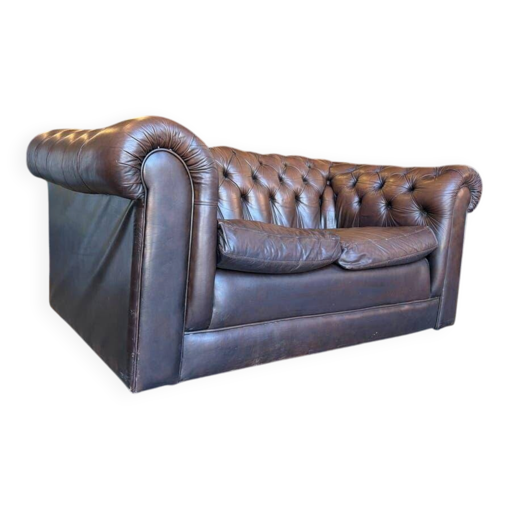 Vintage chocolate brown leather Chesterfield armchair/sofa