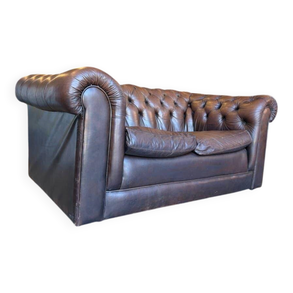 Fauteuil/canapé Chesterfield vintage en cuir marron chocolat