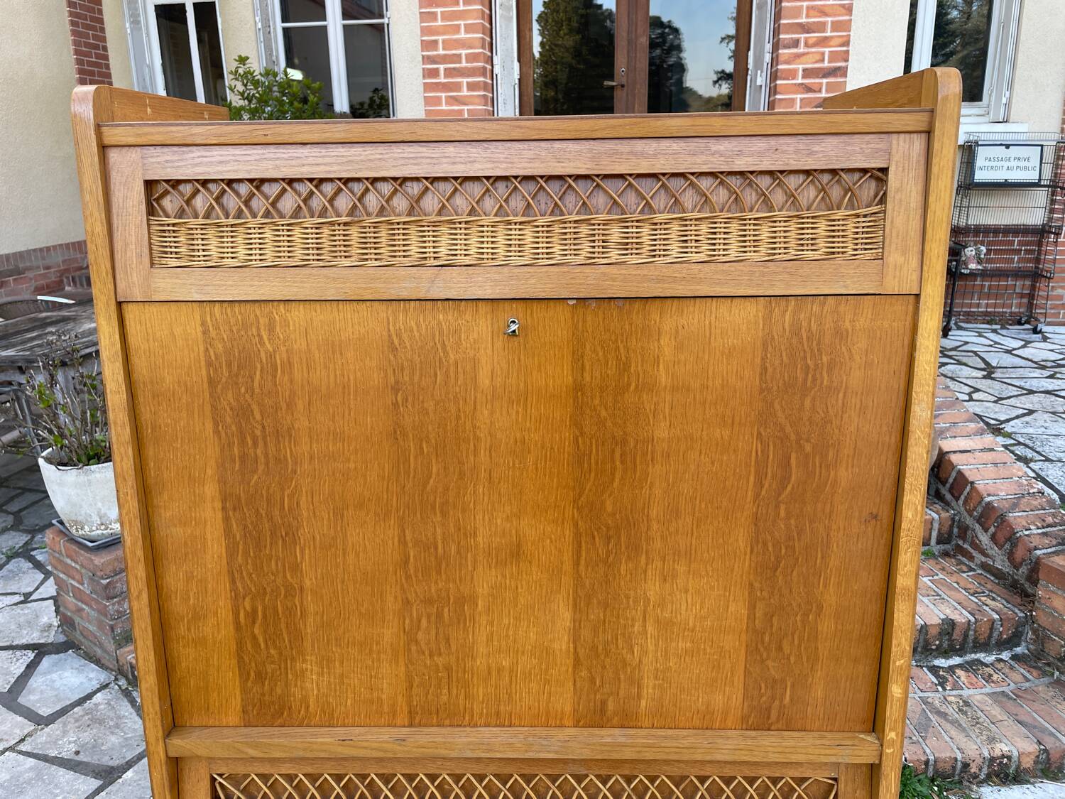 Secrétaire bois et rotin vintage