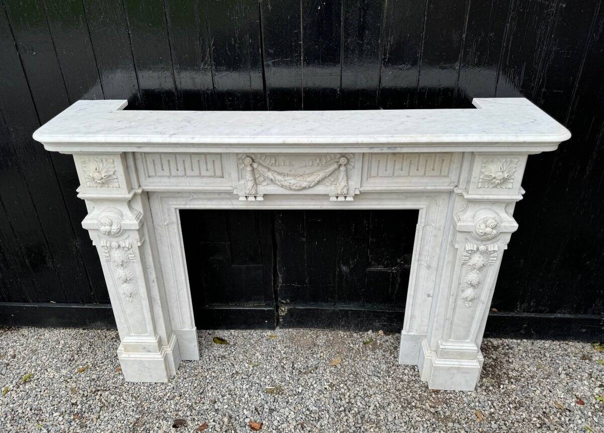 Louis XVI Style Fireplace in White Carrara Marble Circa 1880