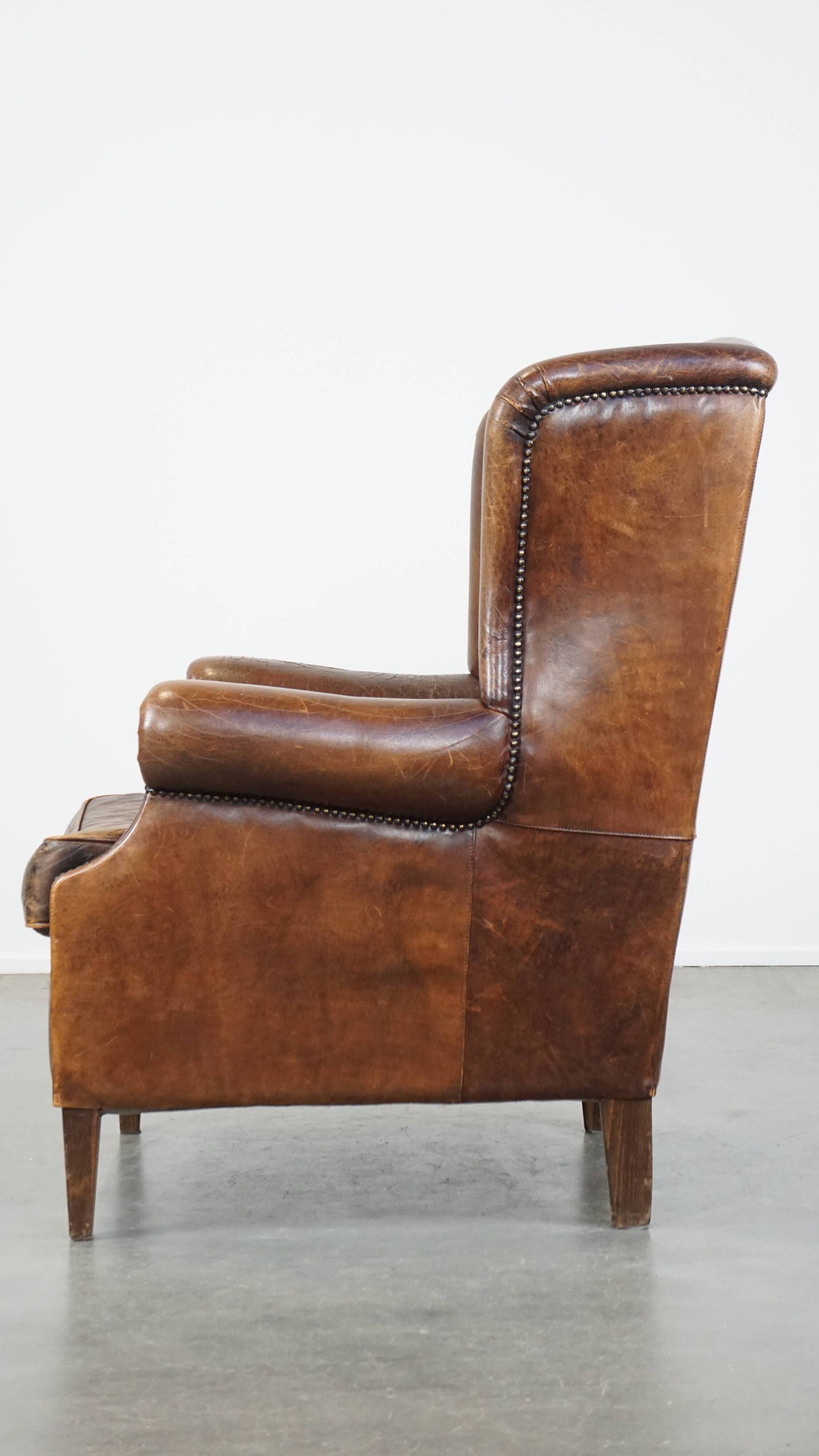 Large Vintage English-Style Sheepskin Leather Wingback Armchair