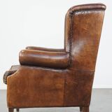 Large Vintage English-Style Sheepskin Leather Wingback Armchair