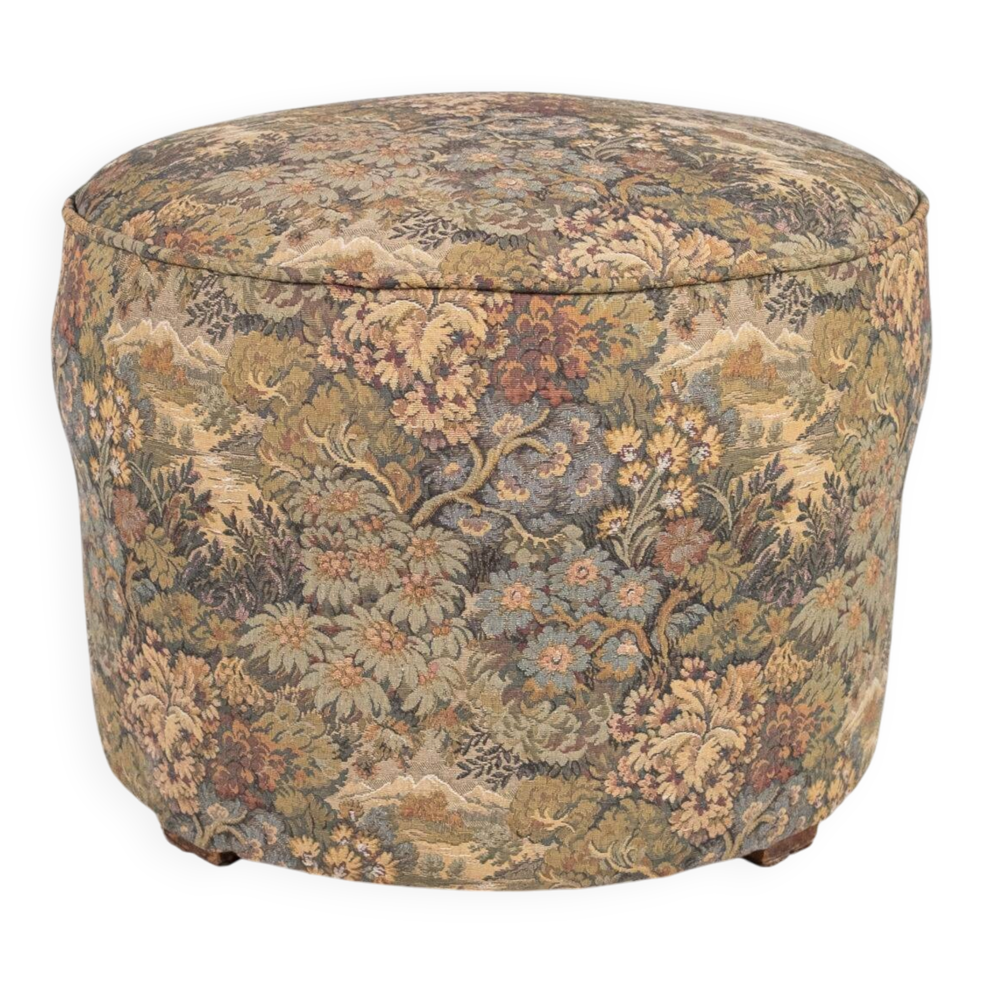 Upholstered pouf in verdure tapestry style, France, late 19th century.