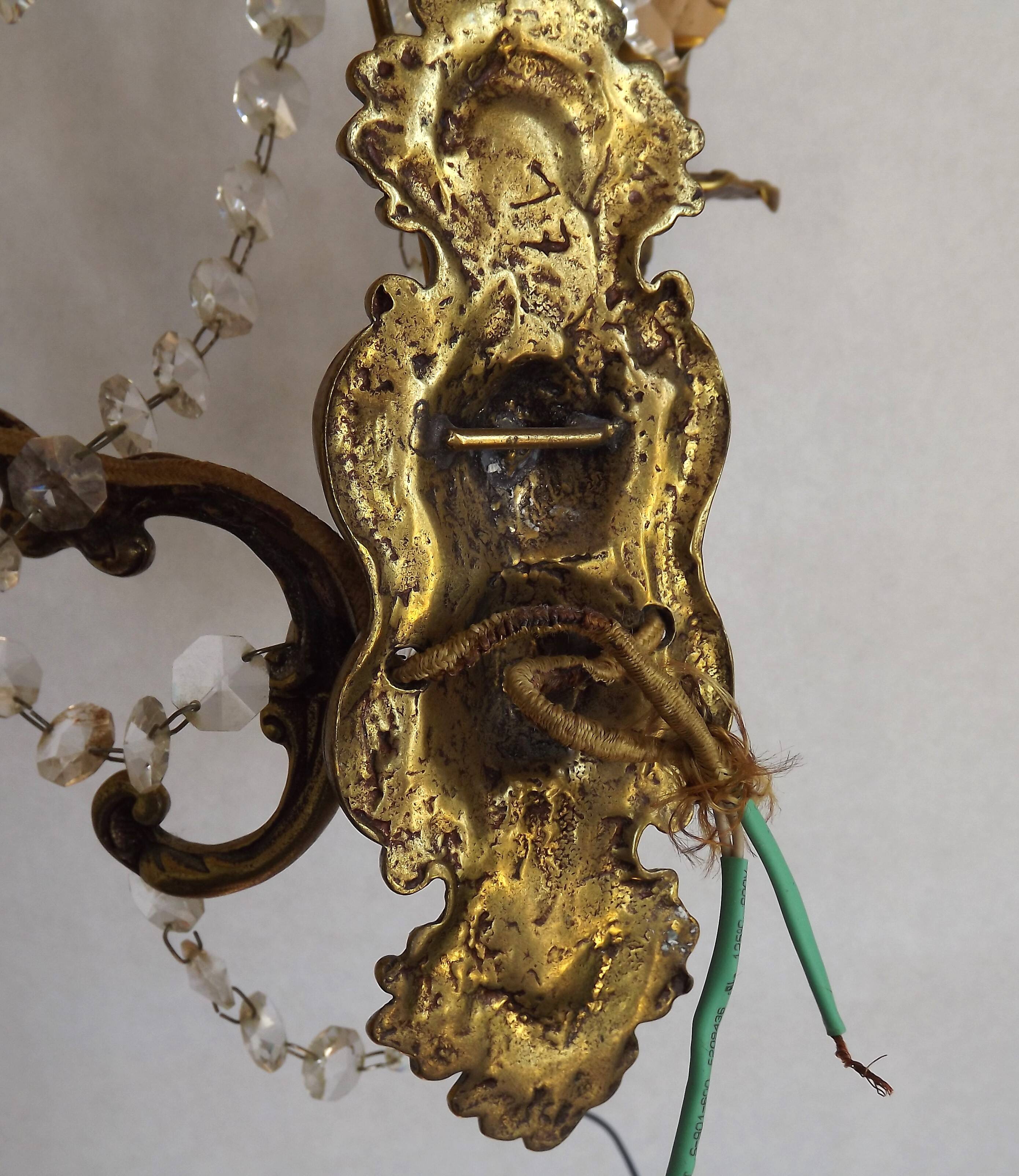 Pair of French Baroque Double Bronze Crystal Wall Lights Glass Bead Swags