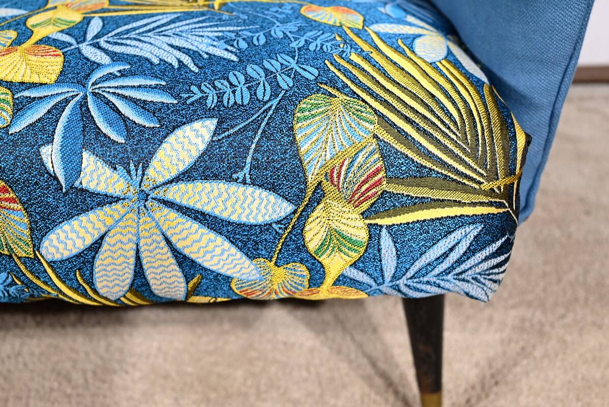 2-Seater Bench in Azure Blue Fabric – 1940s