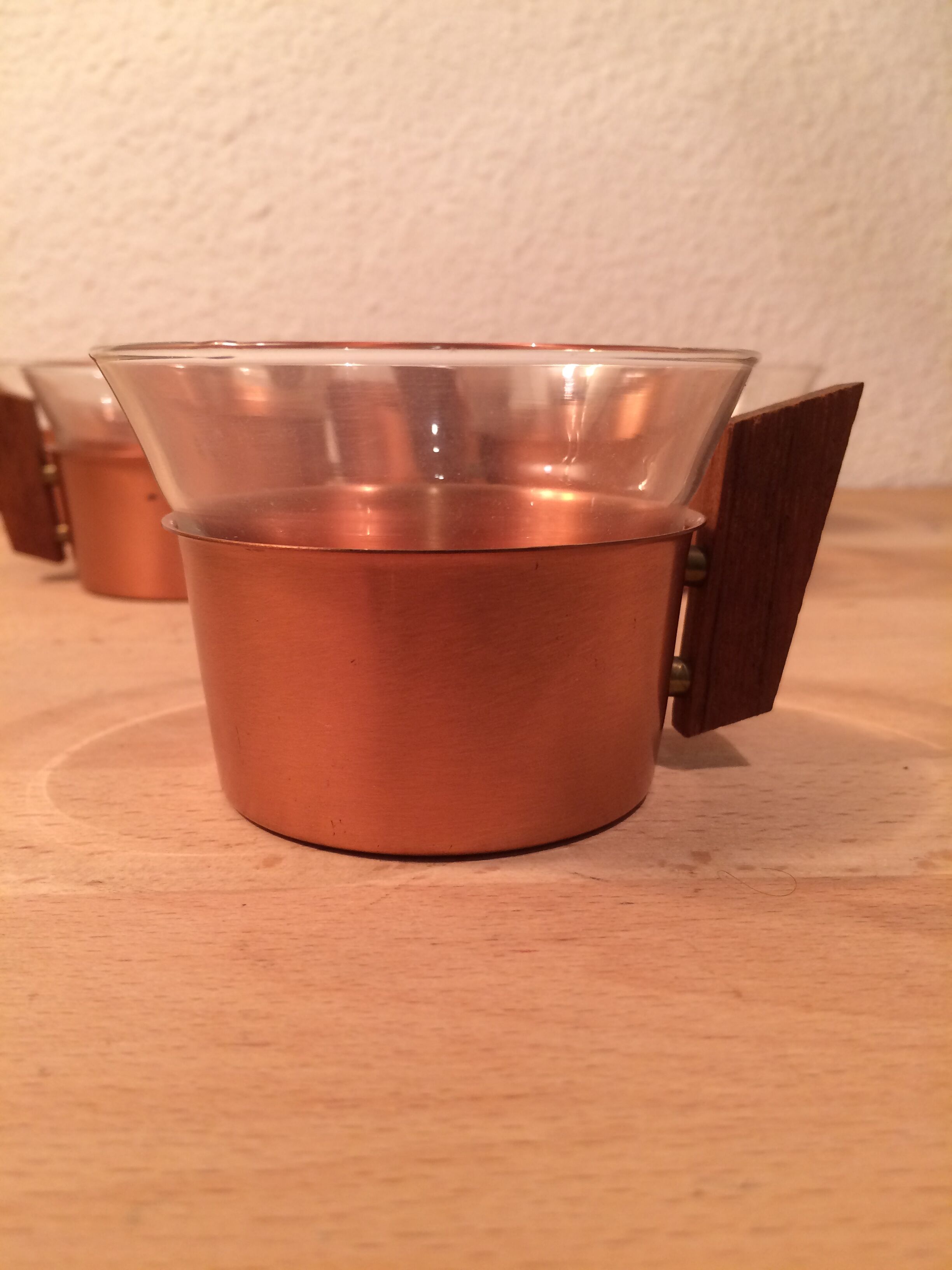 6 Scandinavian cups copper and teak Schott & Gen glass 70's