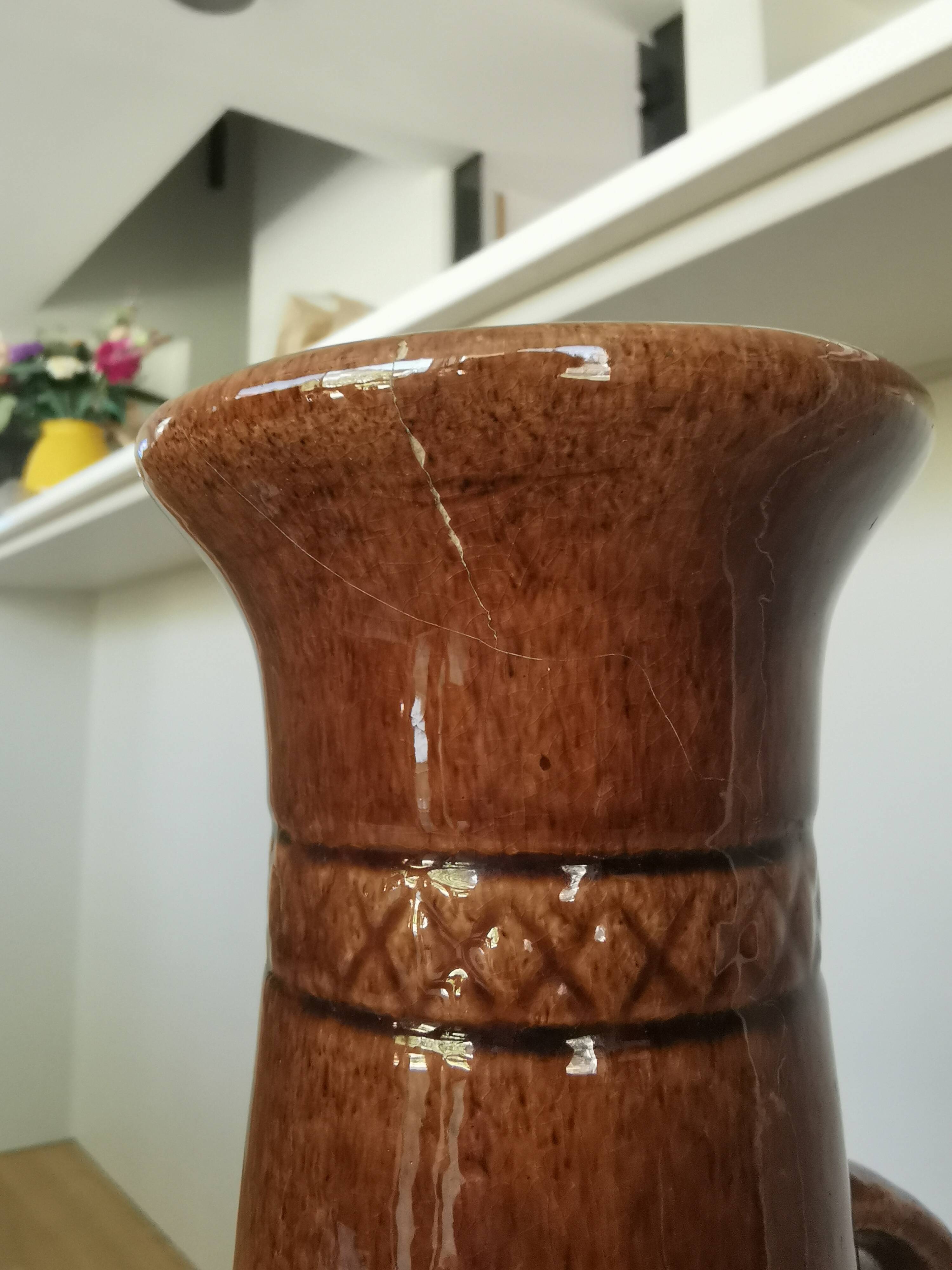 Vintage Amphora Vase: Large Brown Glazed Pottery with Grape Motif