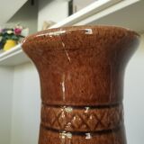 Vintage Amphora Vase: Large Brown Glazed Pottery with Grape Motif