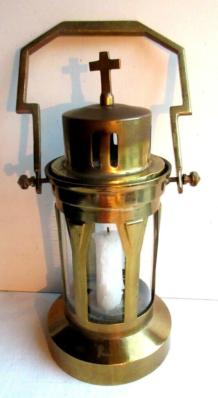 Art Deco religious object, Old procession lantern, glass and gilded brass