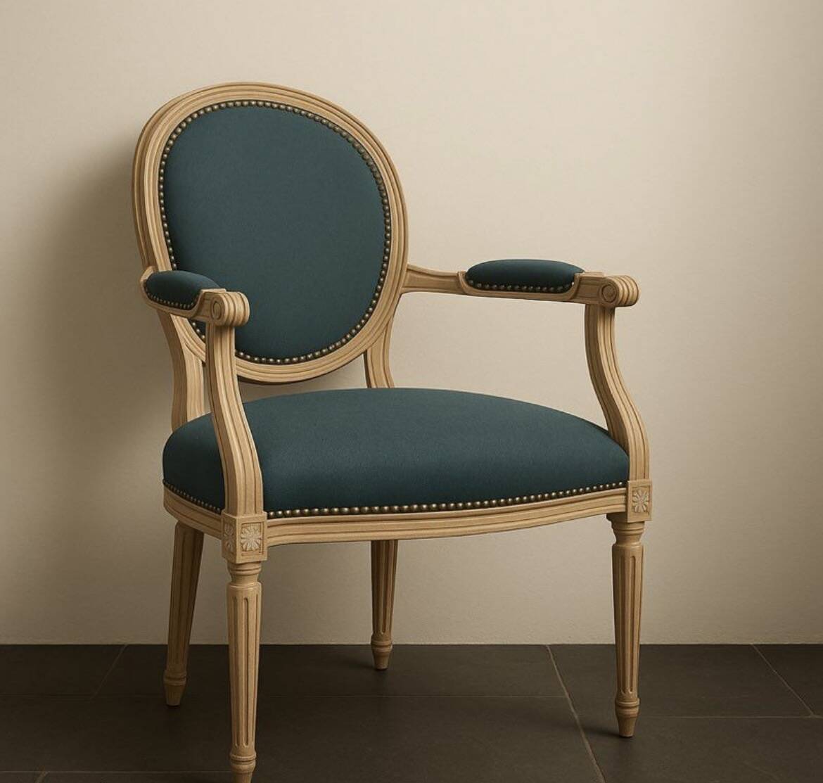 Louis XVI cabriolet armchair in blue velvet and wood, restored.