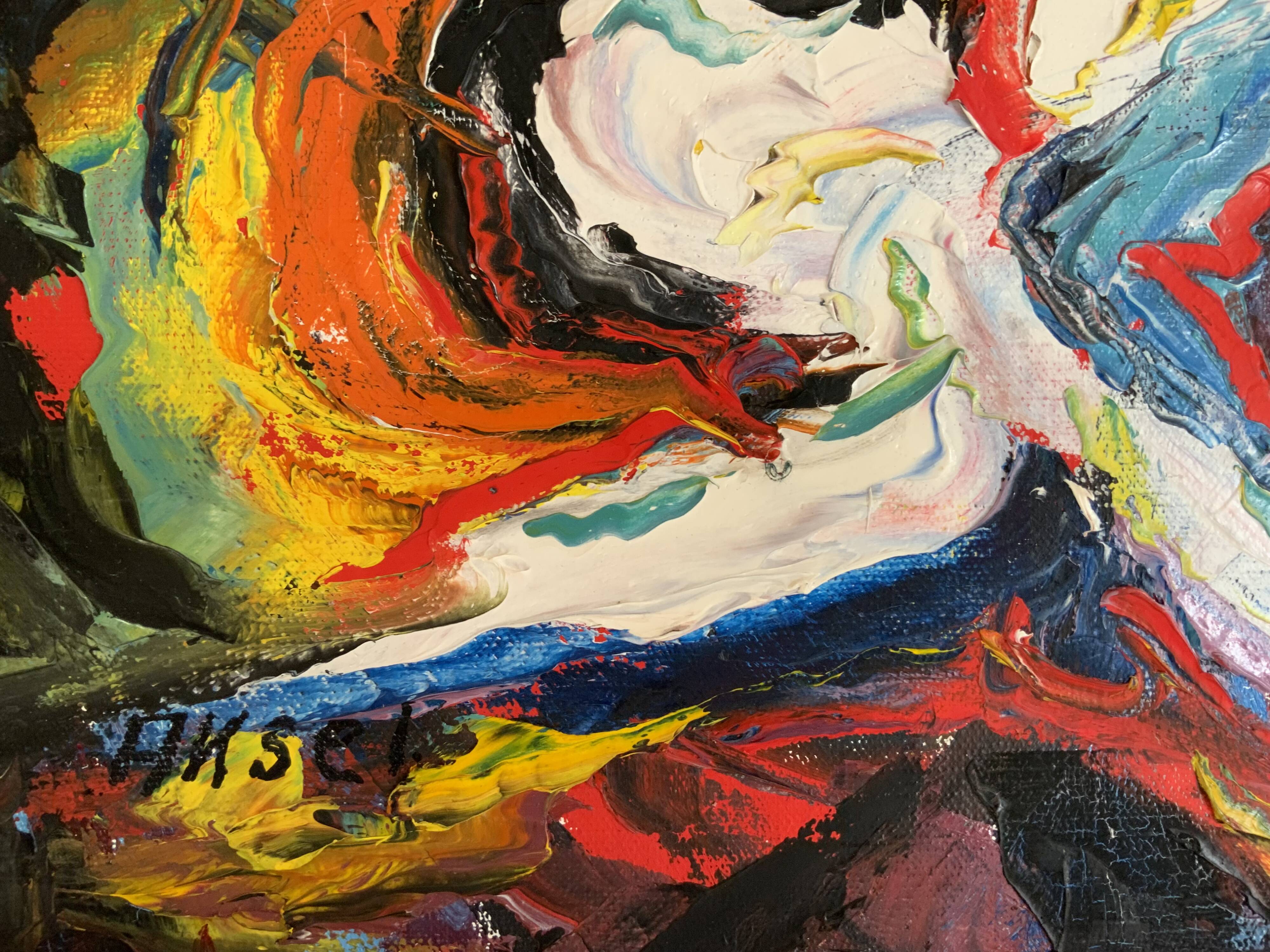 Petite peinture abstraite vintage de paysage, signée Axel, années 1970.