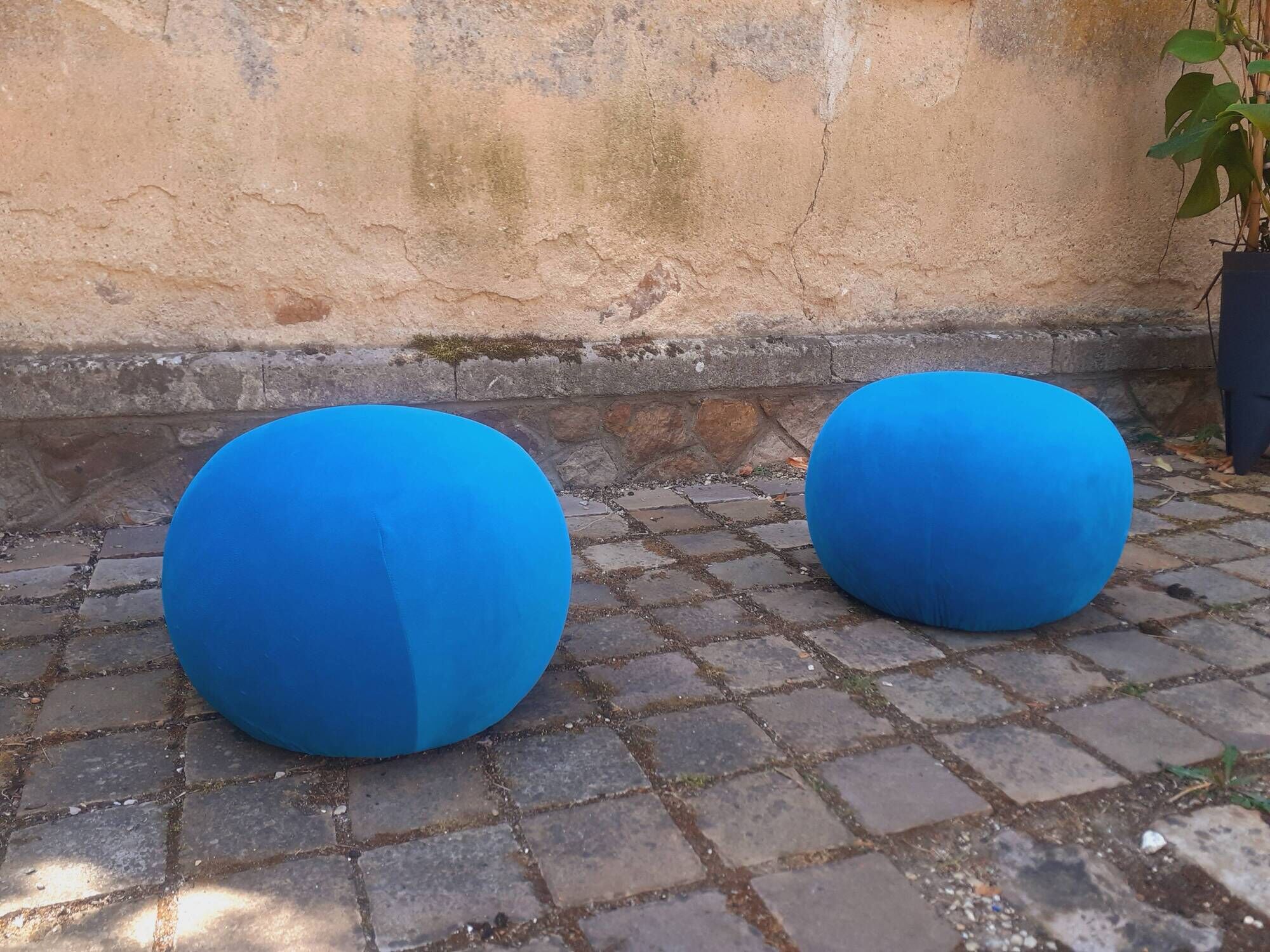 Pair of stools, blue ball ottoman from the 80s.