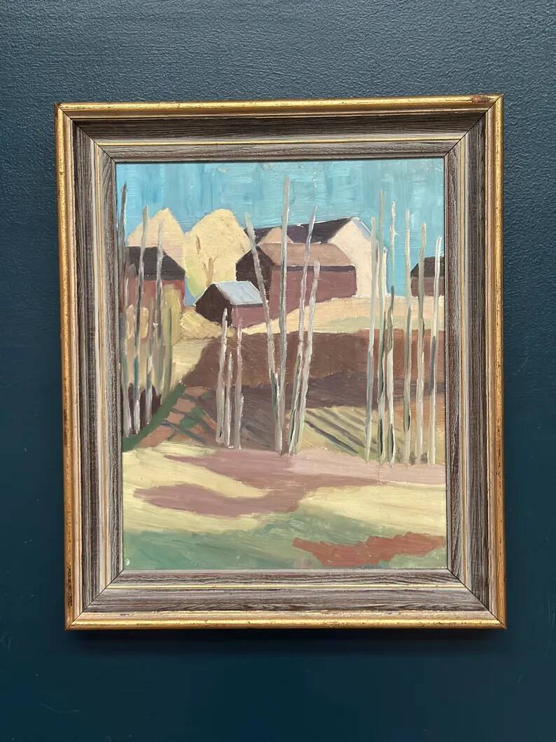 Original Swedish Oil on Panel – "Huts Behind the Trees" – Signed – Vintage & Framed – 51 × 43 cm (20.1" × 16.9")