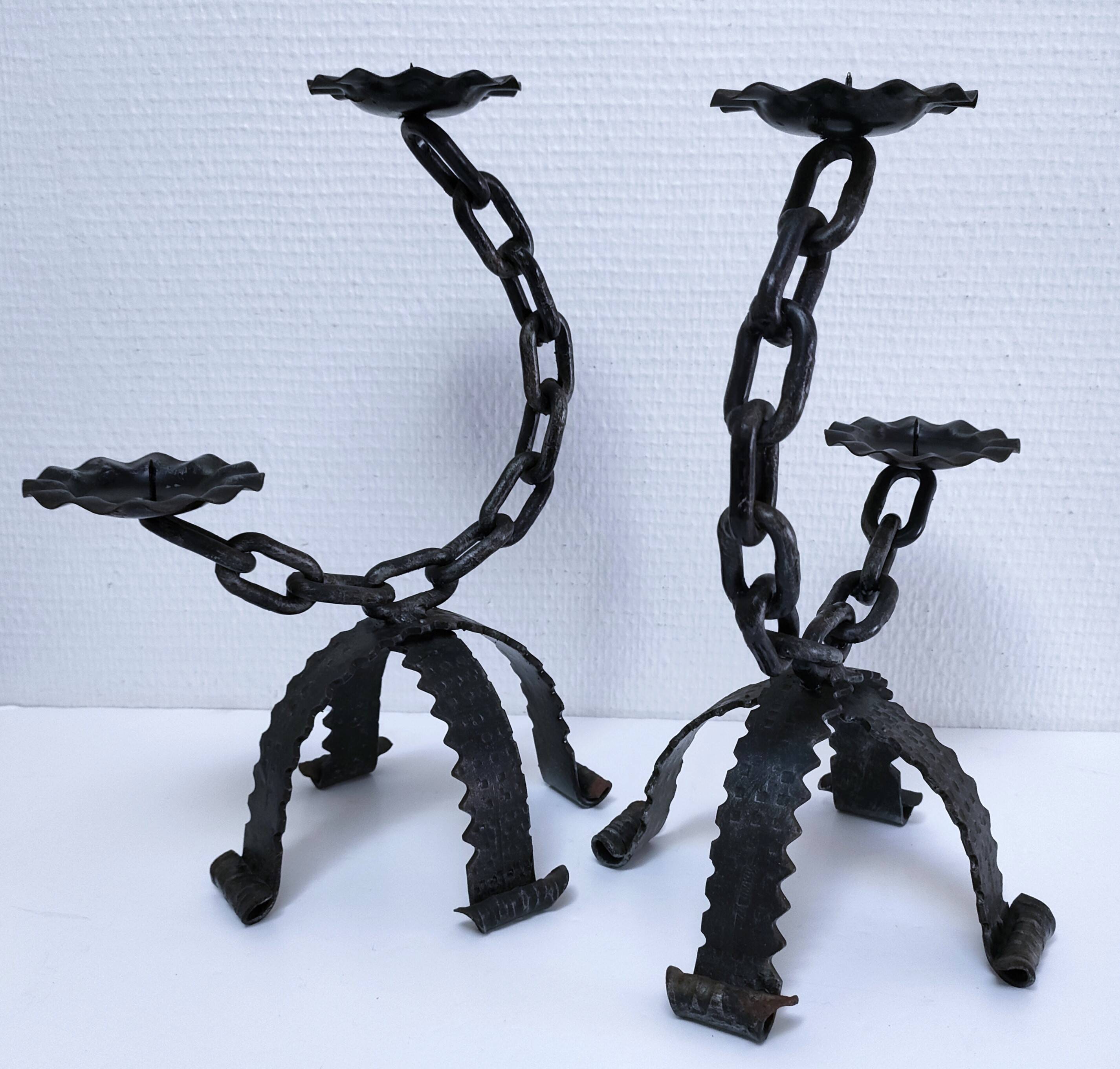 Pair of brutalist 60s metal chain candle holders