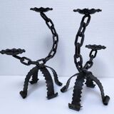 Pair of brutalist 60s metal chain candle holders