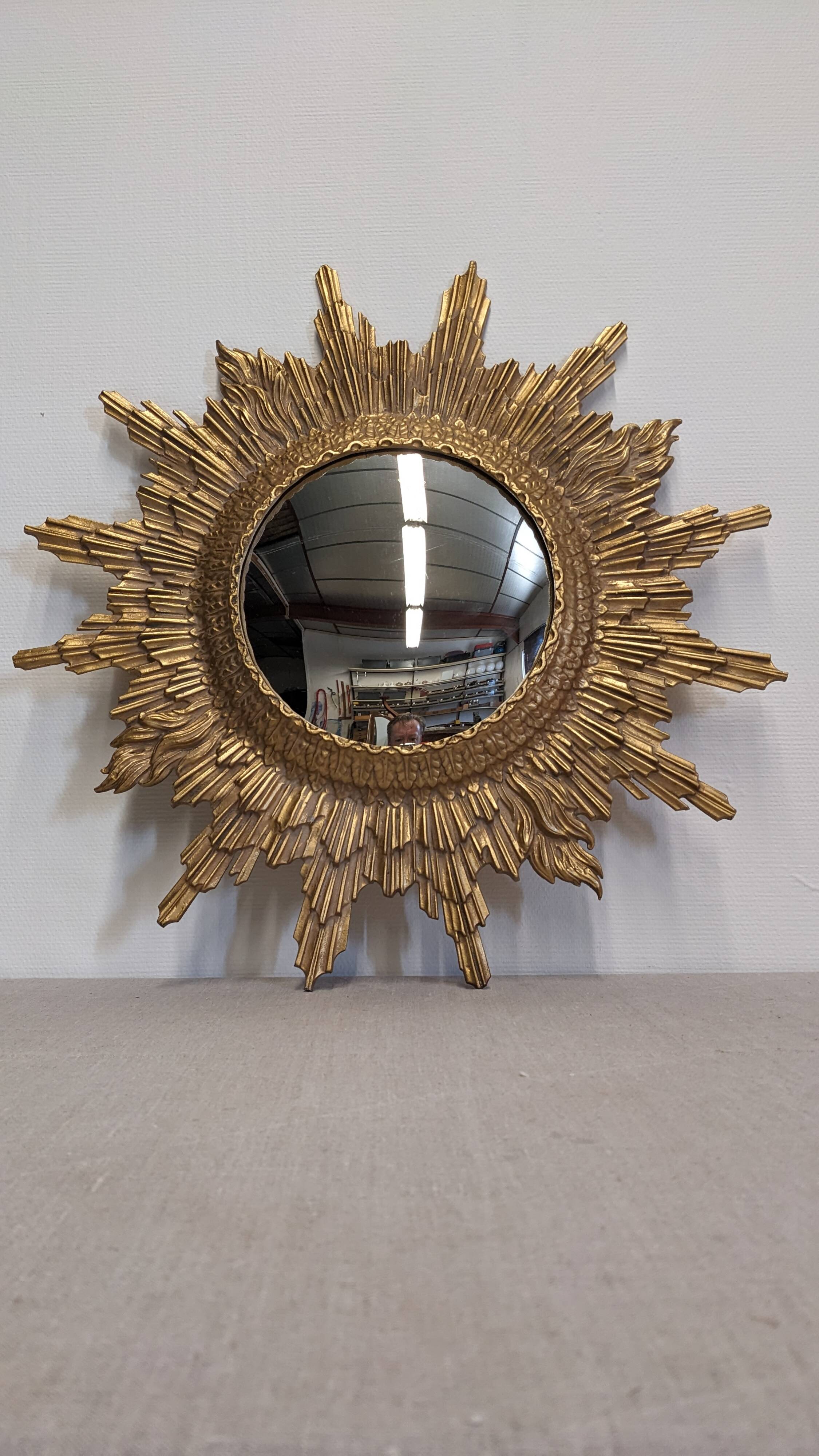 XL witch's eye sun mirror in gilded metal, Italy circa 1970