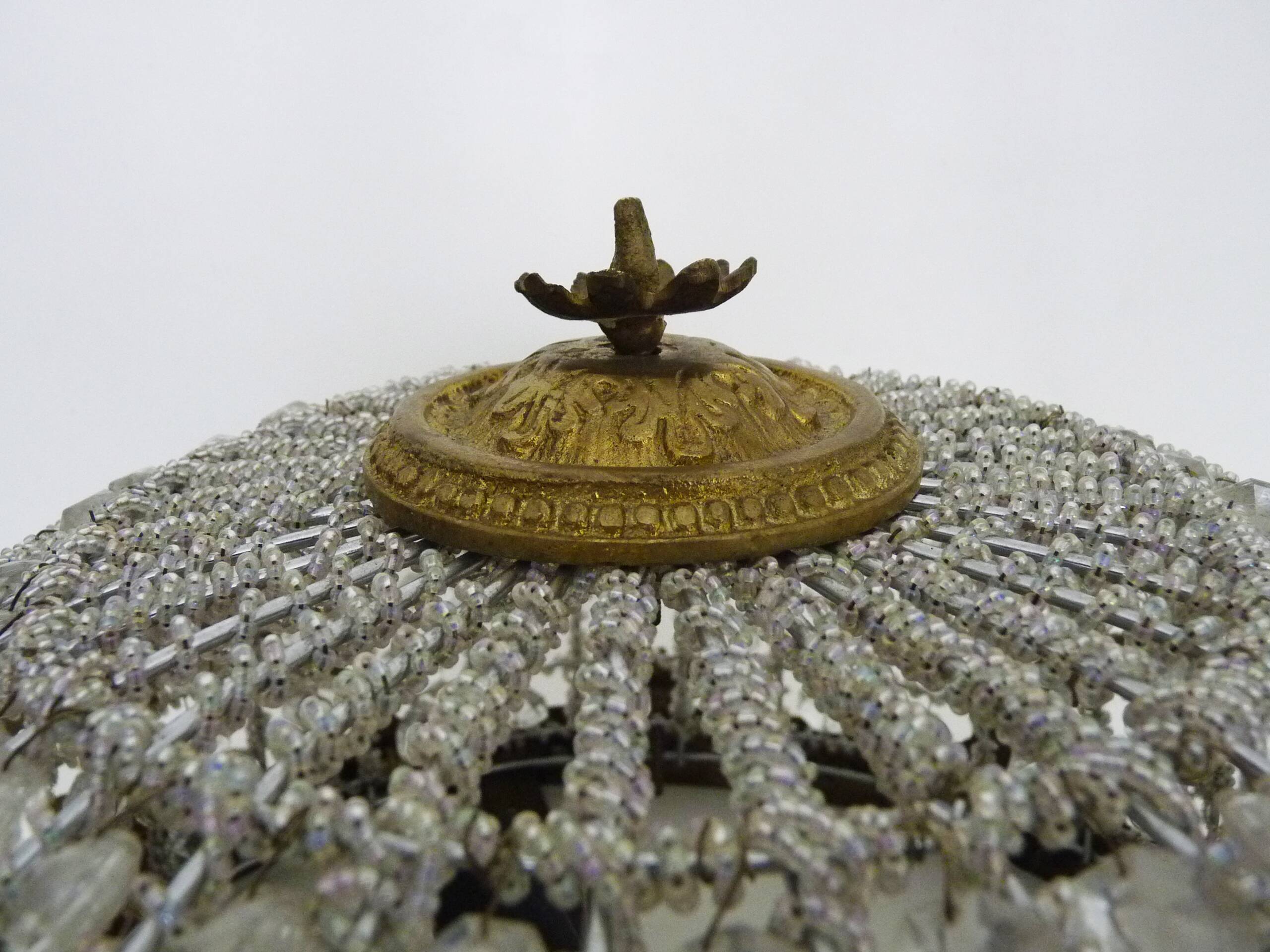 Half-basket ceiling light with 3 bronze lights and glass pendants. 1980s