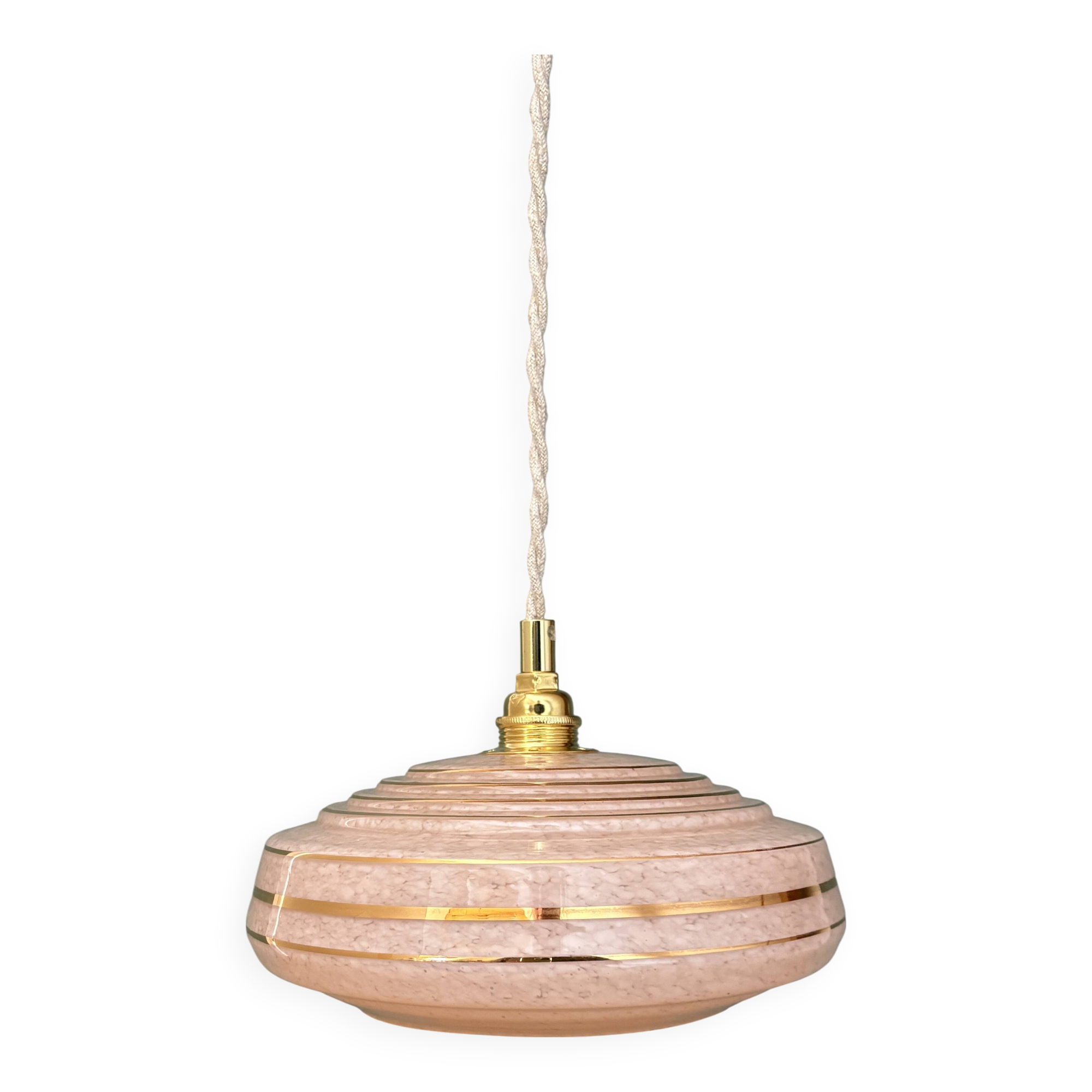 Vintage pendant lampshade in pink Clichy glass with gold trim