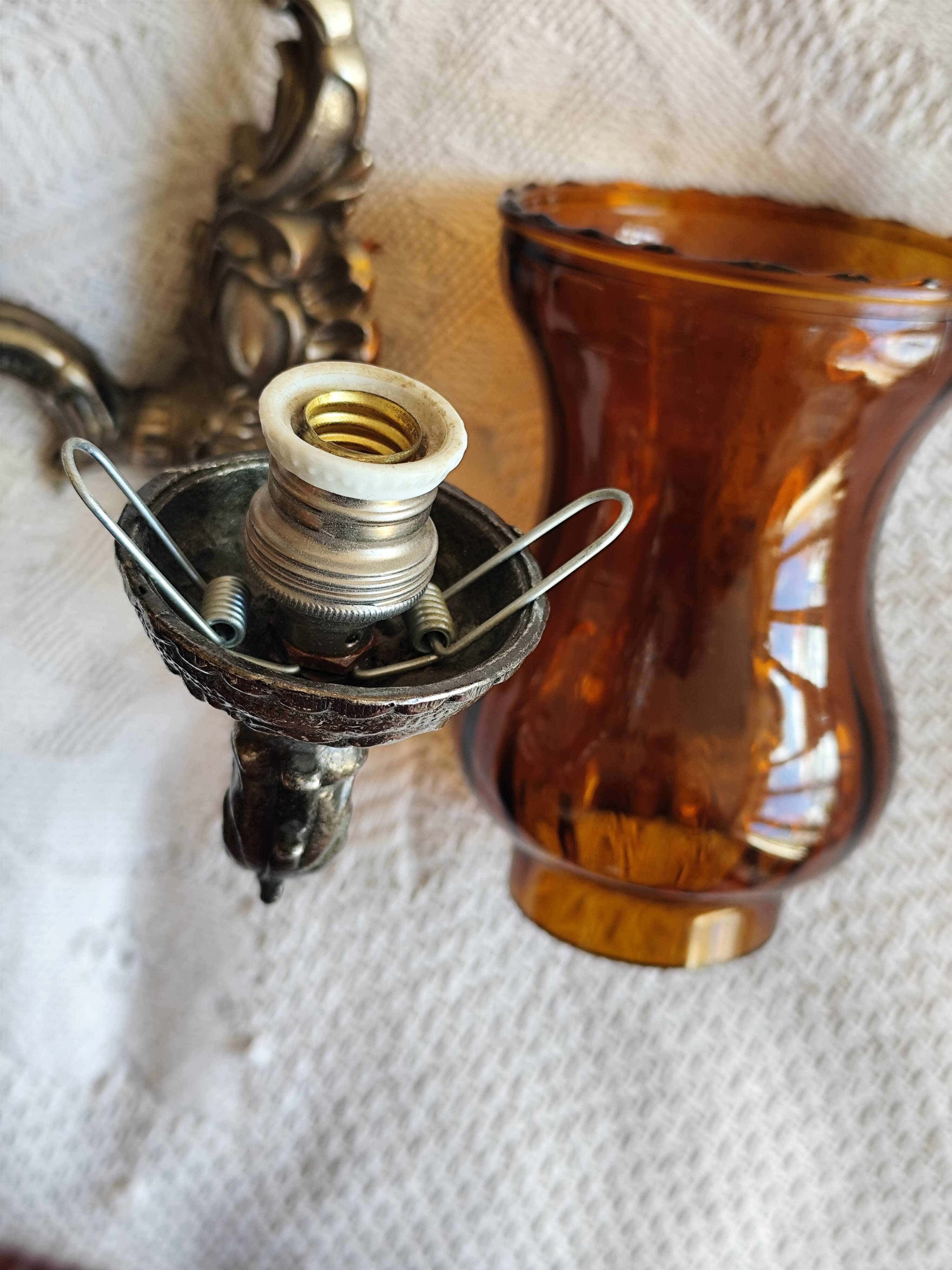 Silver-colored chiseled metal wall light, 2 lights with orange glass tulip