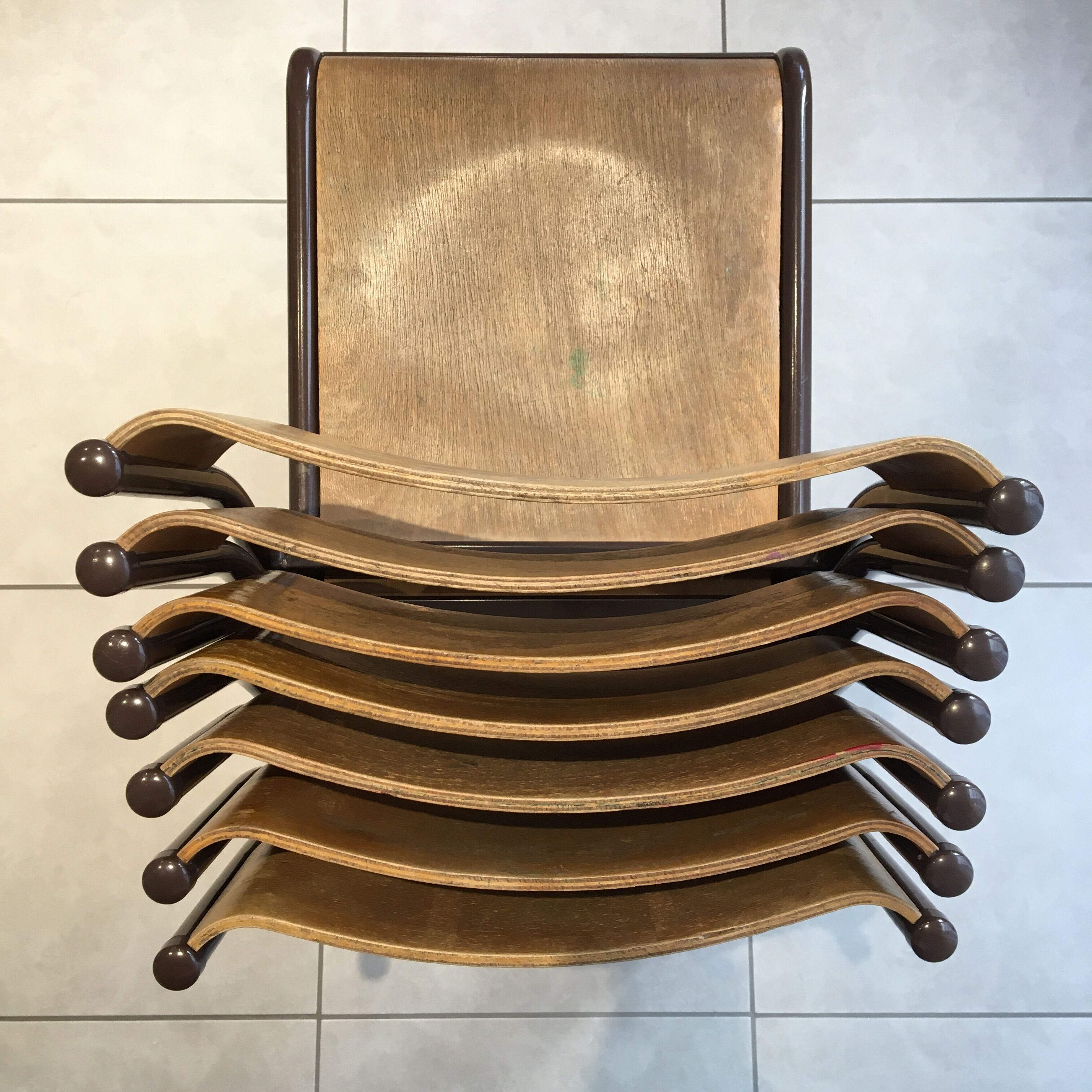 Set of 7 curved back school chairs