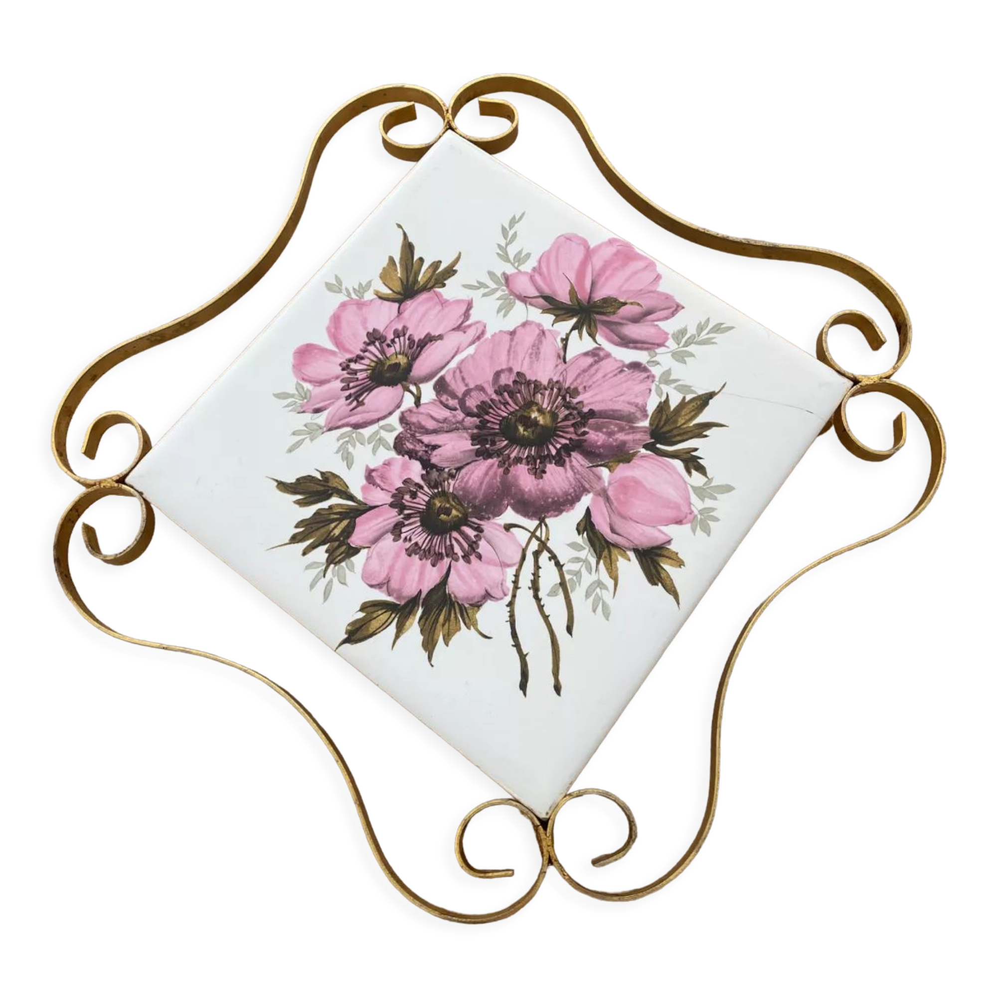 Vintage pink and gold faience floral trivia La Ferté Gaucher France