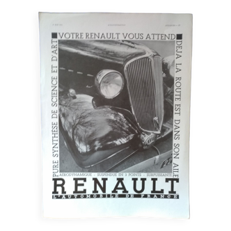 Une publicité papier  voiture Renault  issue  d'une revue d'époque  1934