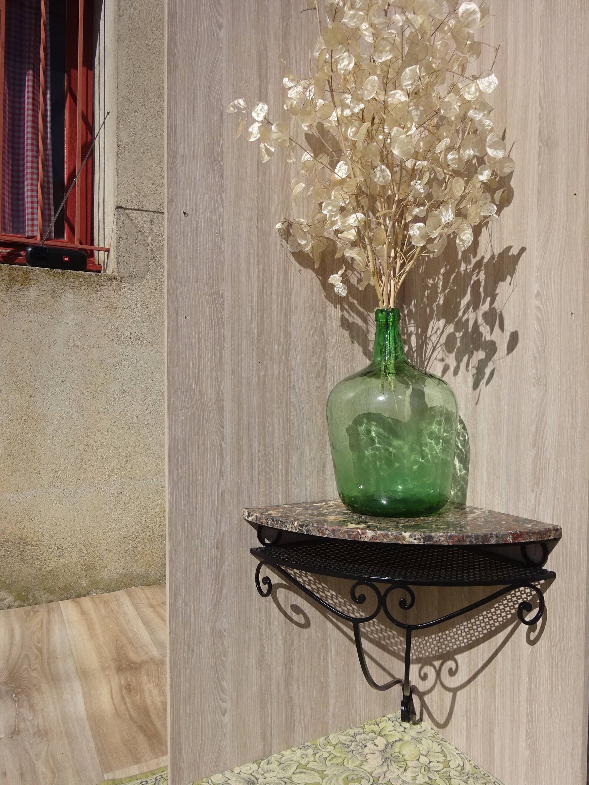 Wrought iron and marble corner shelf