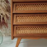Vintage wooden and rattan chest of drawers in the 60s