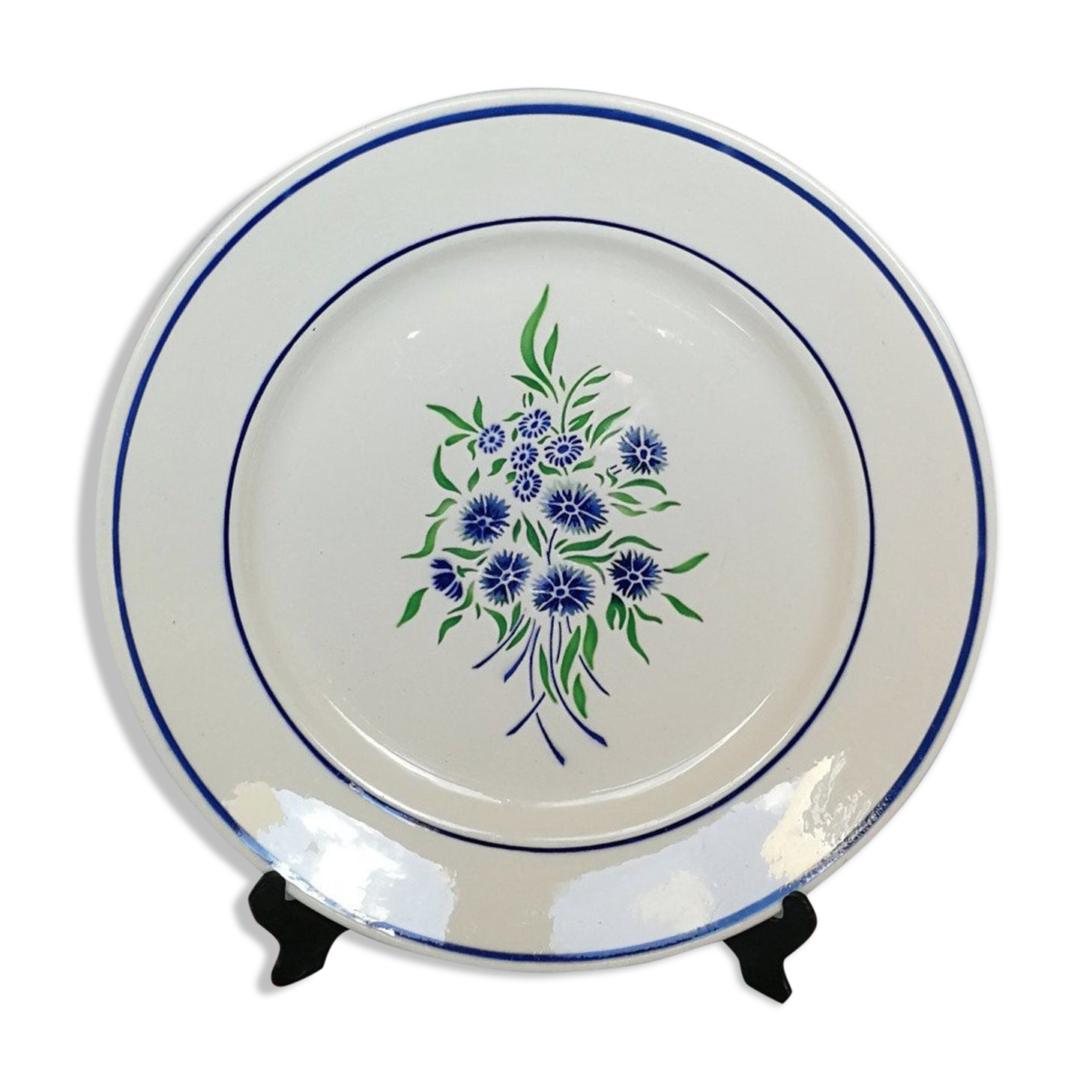 Large Dish Dish Old Badonviller, model Francine, Blue and Green Flowers in The Stencil