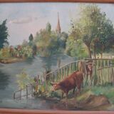 Oil on canvas, cows in the meadow, Maurice Godin