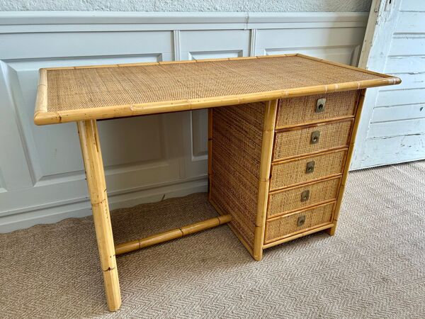 Bureau en bambou et rotin tressé avec 5 tiroirs par Dal Vera, Italie, années 1970.