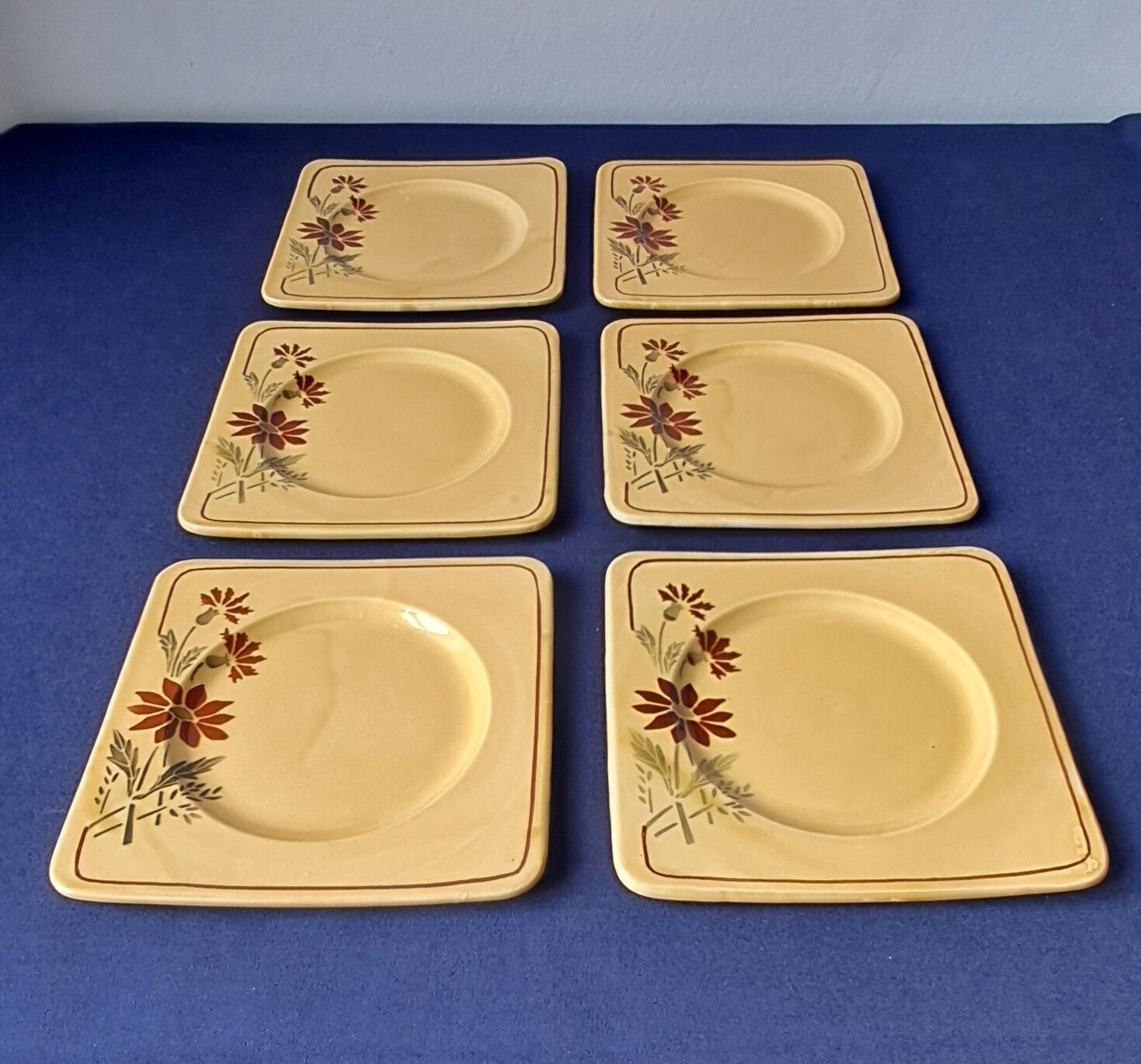 6 square dessert plates, ironstone. 1940s-50s.