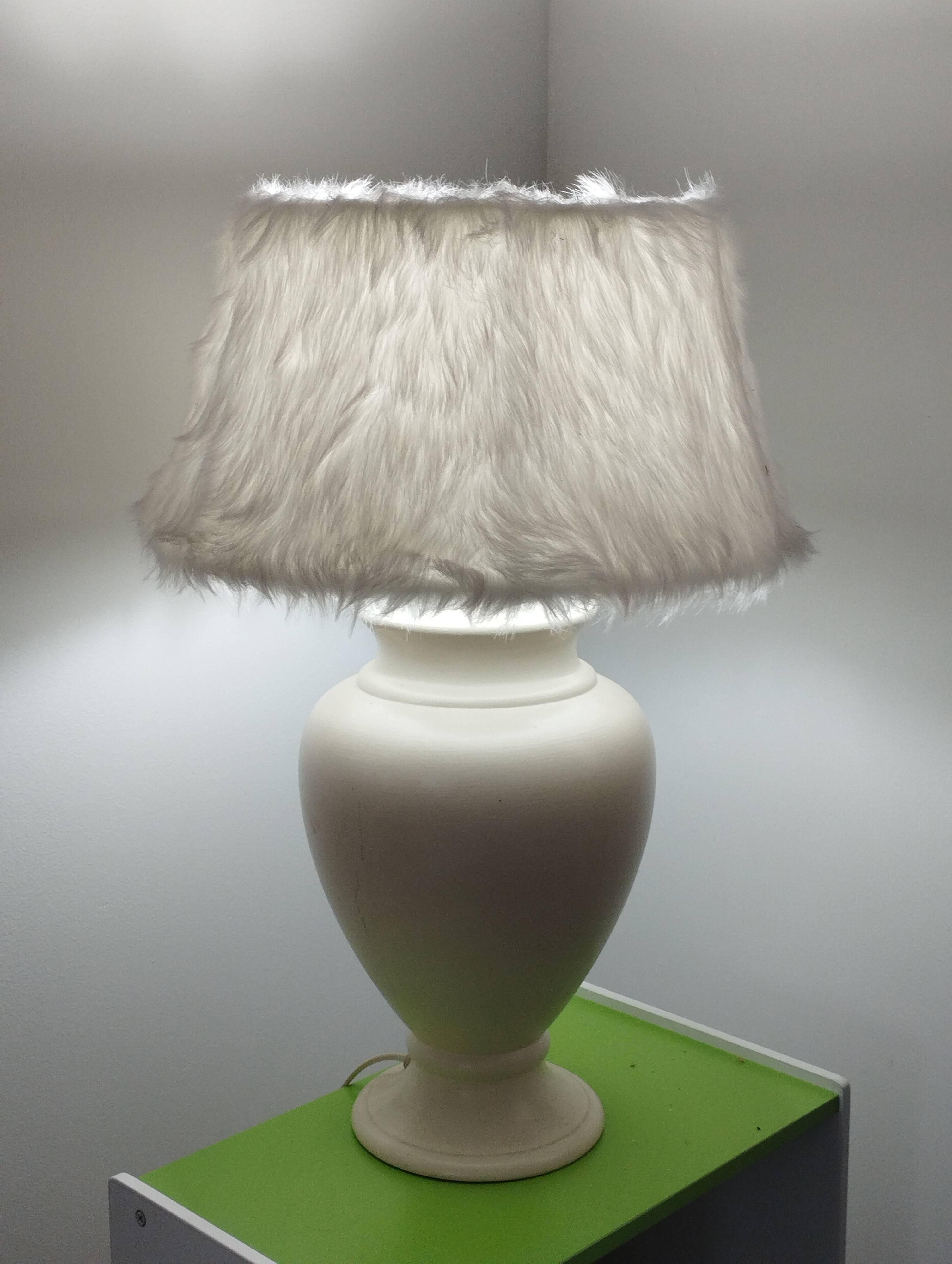 70s satin ceramic lamp and fur shade