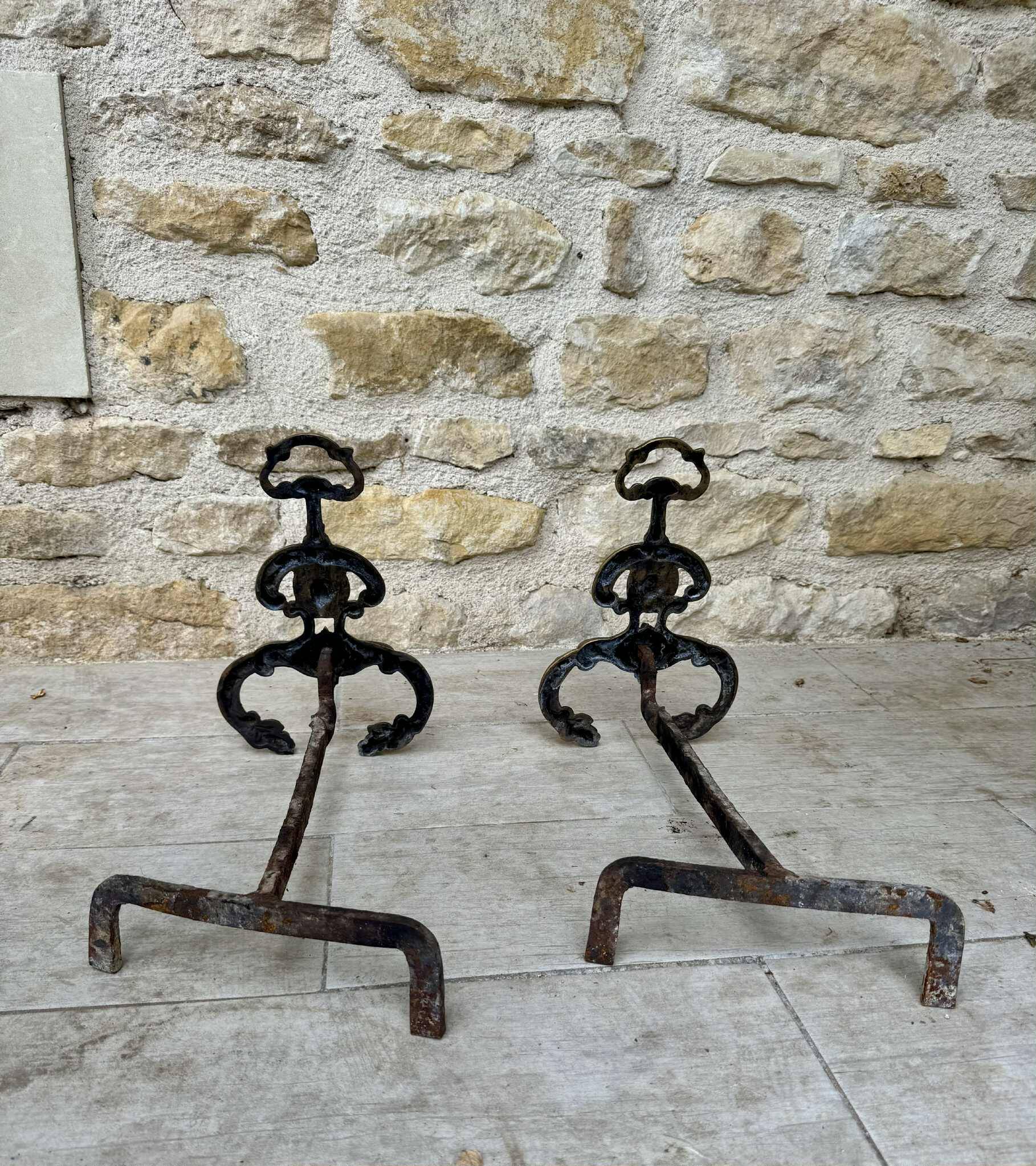 Pair of 19th-century brass lion andirons