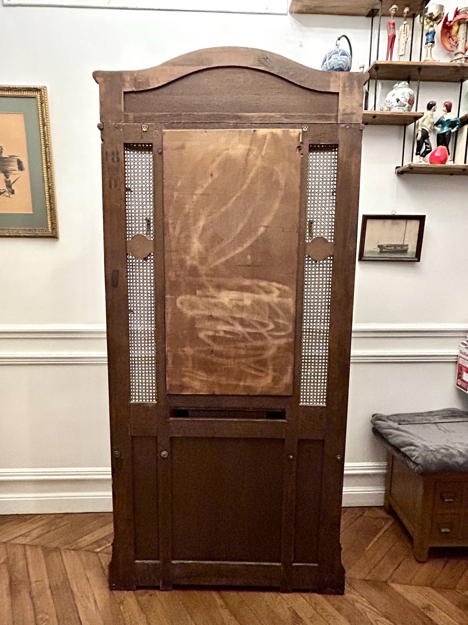 Antique coat rack Art Nouveau 1900 - Oak, marble, caning
