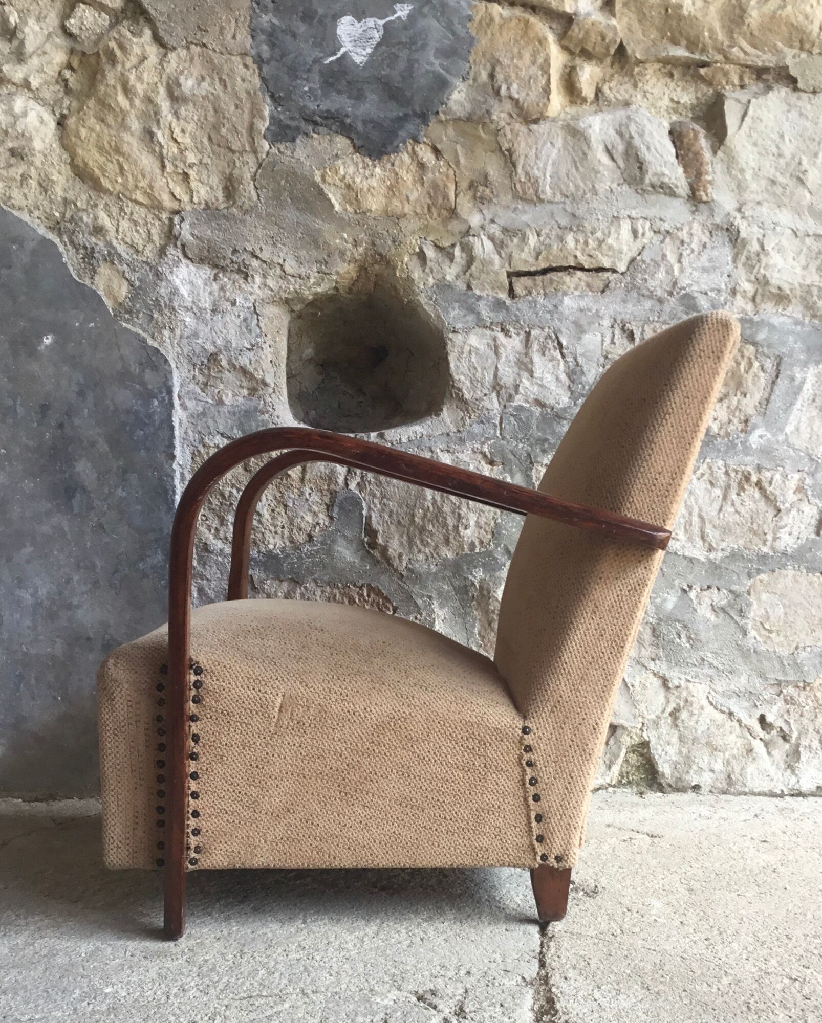 Art Deco armchair - curved wooden armrests - wool coating - mid-twentieth century