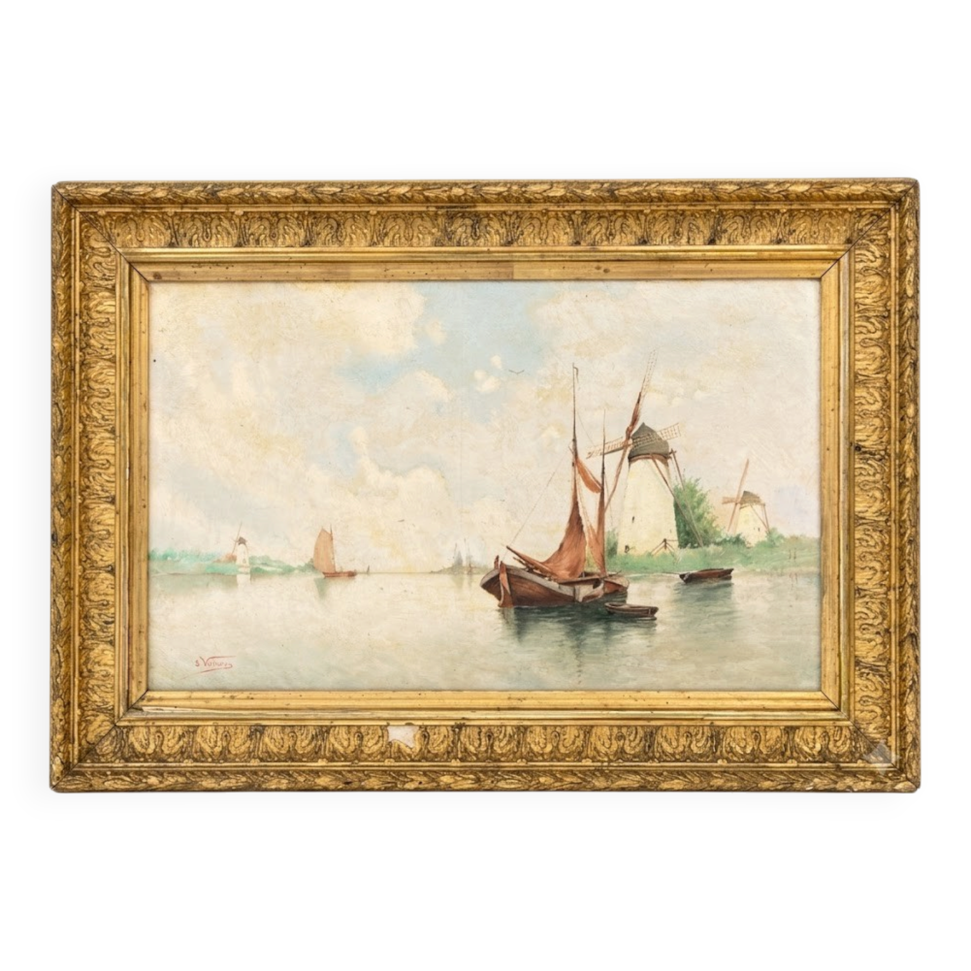 Tableau Marine Xix - Landscape of Mills and Boats - Signed E. Vannier