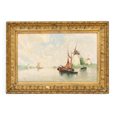 Tableau Marine - Paysage de Moulins et Bateaux - Signé E. Vannier, XIXème